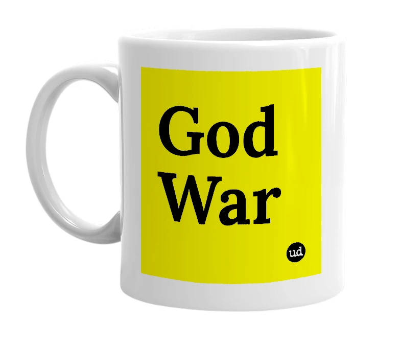 White mug with 'God War' in bold black letters