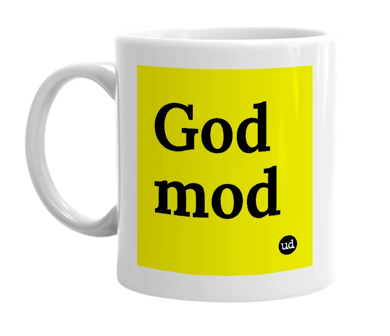 White mug with 'God mod' in bold black letters