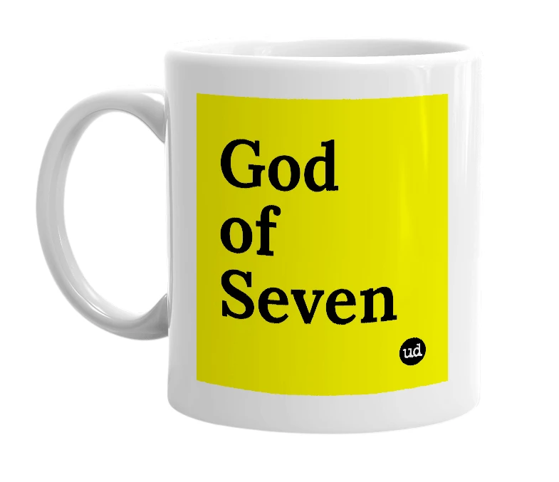 White mug with 'God of Seven' in bold black letters