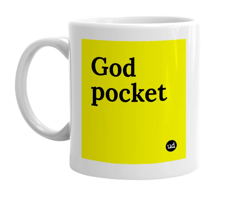 White mug with 'God pocket' in bold black letters