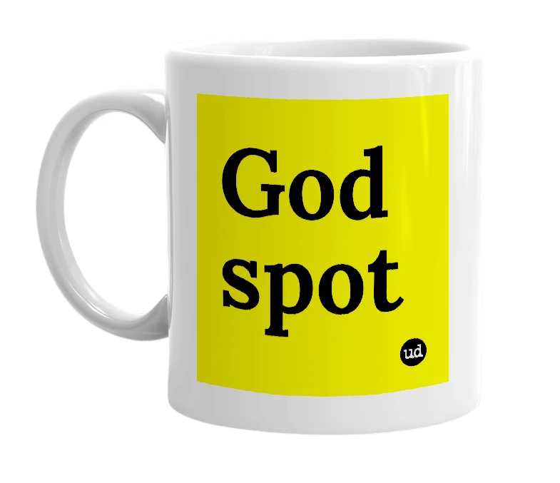 White mug with 'God spot' in bold black letters