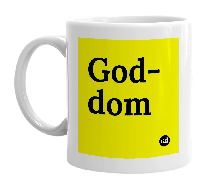 White mug with 'God-dom' in bold black letters