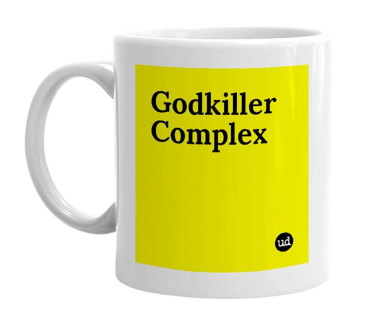 White mug with 'Godkiller Complex' in bold black letters