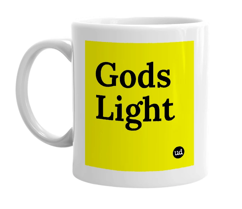 White mug with 'Gods Light' in bold black letters