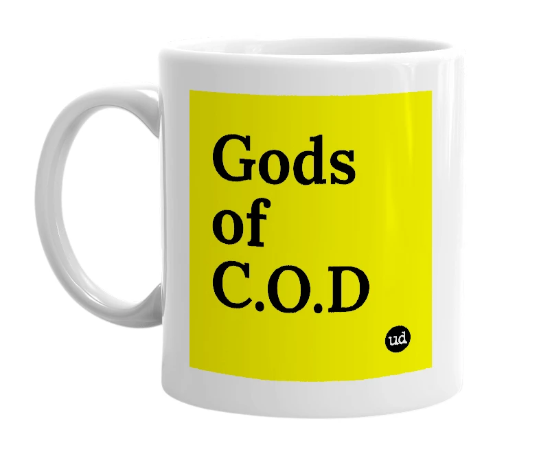 White mug with 'Gods of C.O.D' in bold black letters