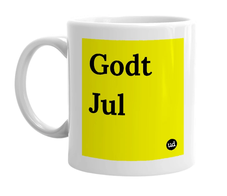 White mug with 'Godt Jul' in bold black letters