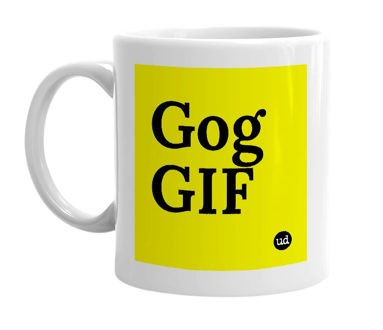 White mug with 'Gog GIF' in bold black letters