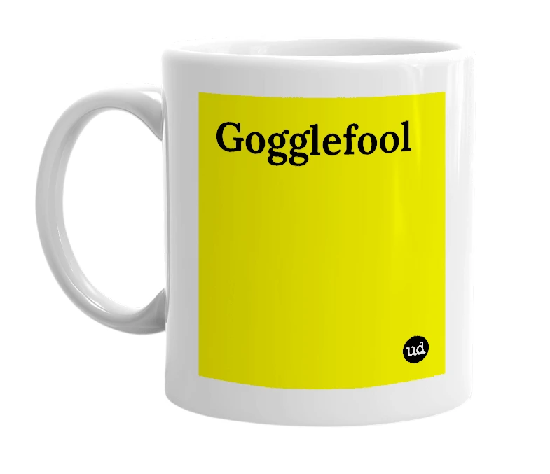White mug with 'Gogglefool' in bold black letters