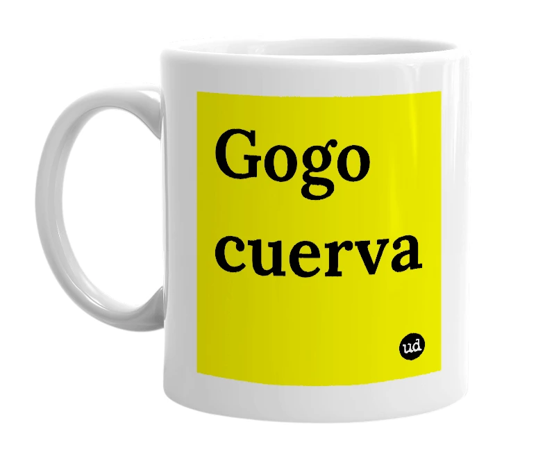 White mug with 'Gogo cuerva' in bold black letters