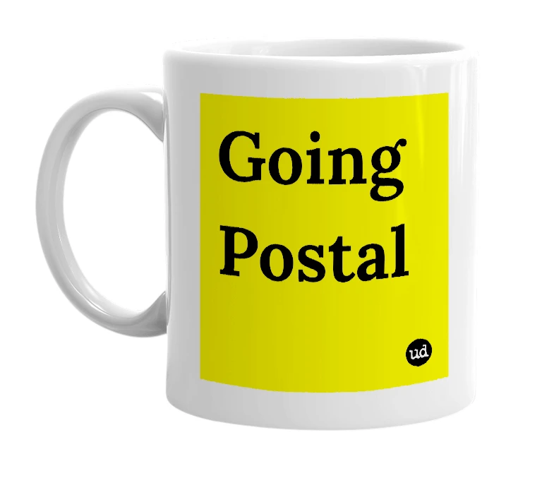 White mug with 'Going Postal' in bold black letters