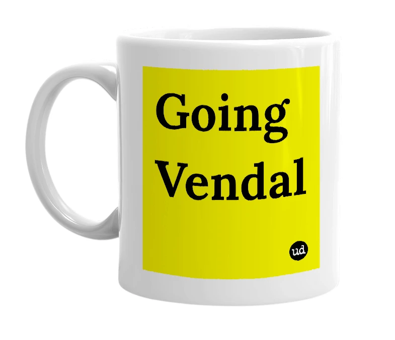White mug with 'Going Vendal' in bold black letters