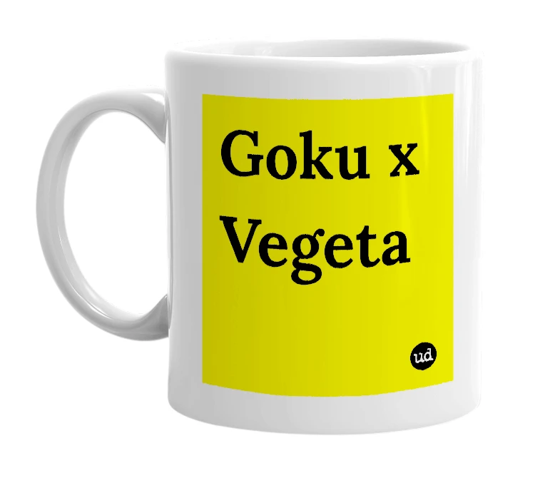 White mug with 'Goku x Vegeta' in bold black letters