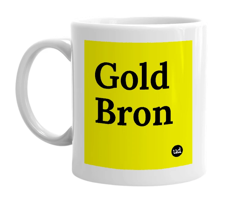 White mug with 'Gold Bron' in bold black letters