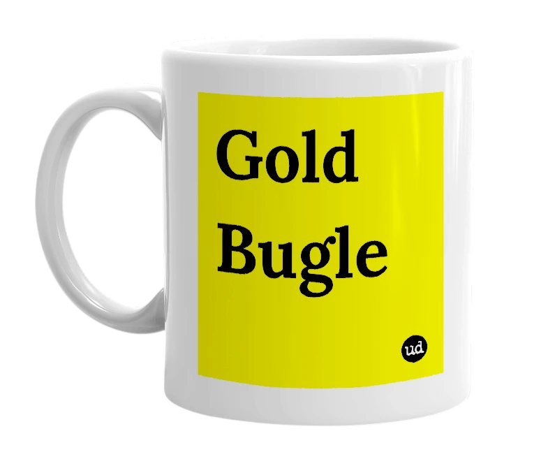 White mug with 'Gold Bugle' in bold black letters