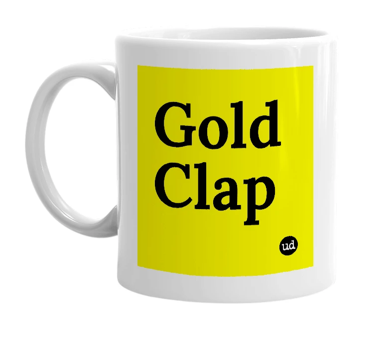 White mug with 'Gold Clap' in bold black letters