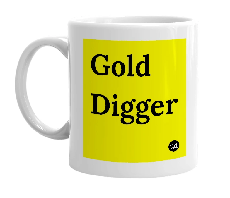 White mug with 'Gold Digger' in bold black letters