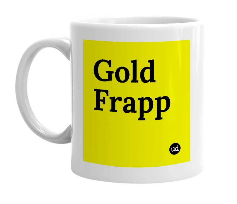 White mug with 'Gold Frapp' in bold black letters