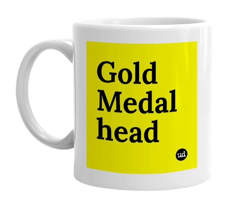 White mug with 'Gold Medal head' in bold black letters