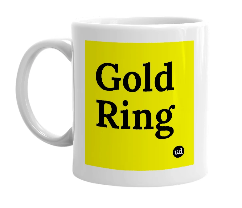 White mug with 'Gold Ring' in bold black letters