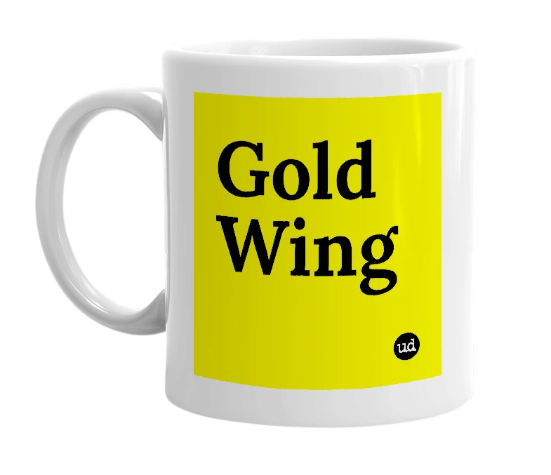 White mug with 'Gold Wing' in bold black letters