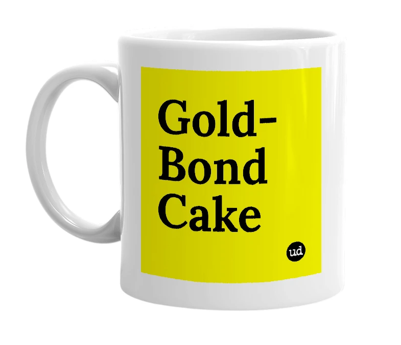 White mug with 'Gold-Bond Cake' in bold black letters