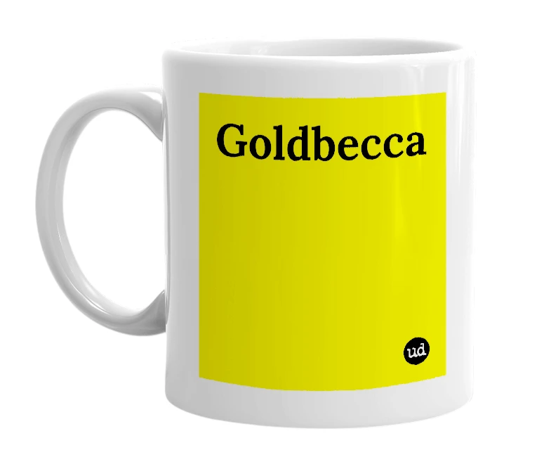 White mug with 'Goldbecca' in bold black letters