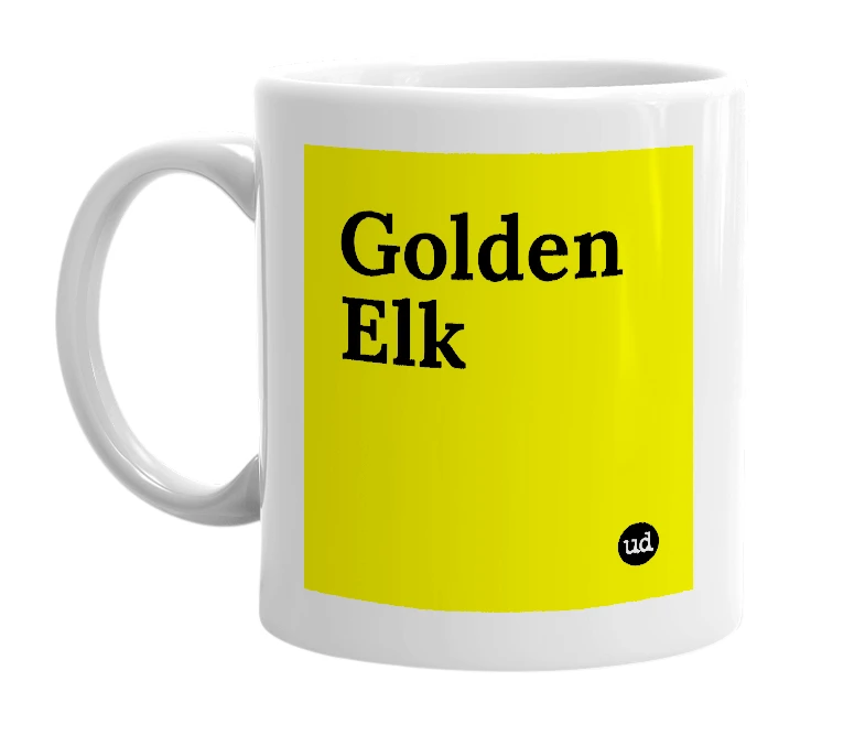 White mug with 'Golden Elk' in bold black letters