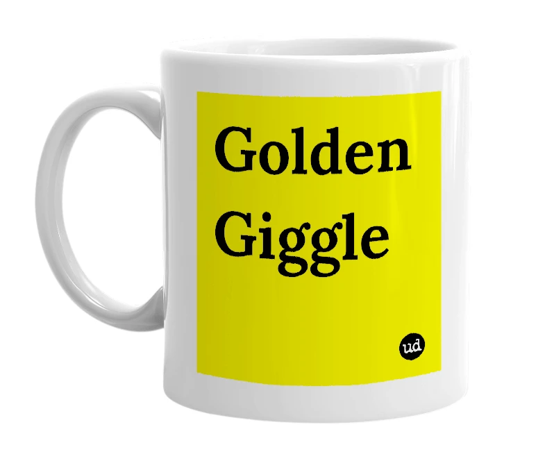 White mug with 'Golden Giggle' in bold black letters