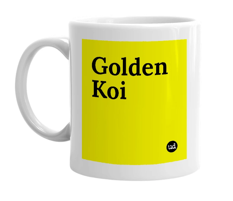 White mug with 'Golden Koi' in bold black letters