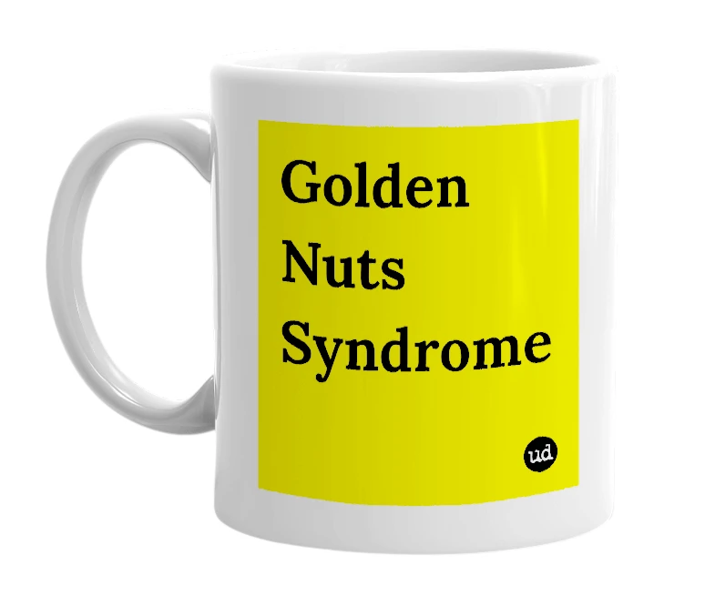 White mug with 'Golden Nuts Syndrome' in bold black letters