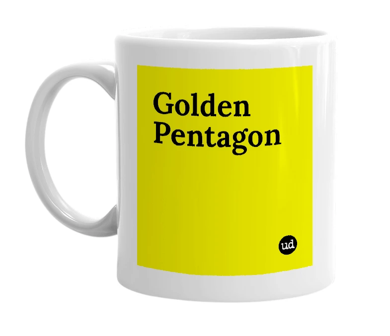 White mug with 'Golden Pentagon' in bold black letters