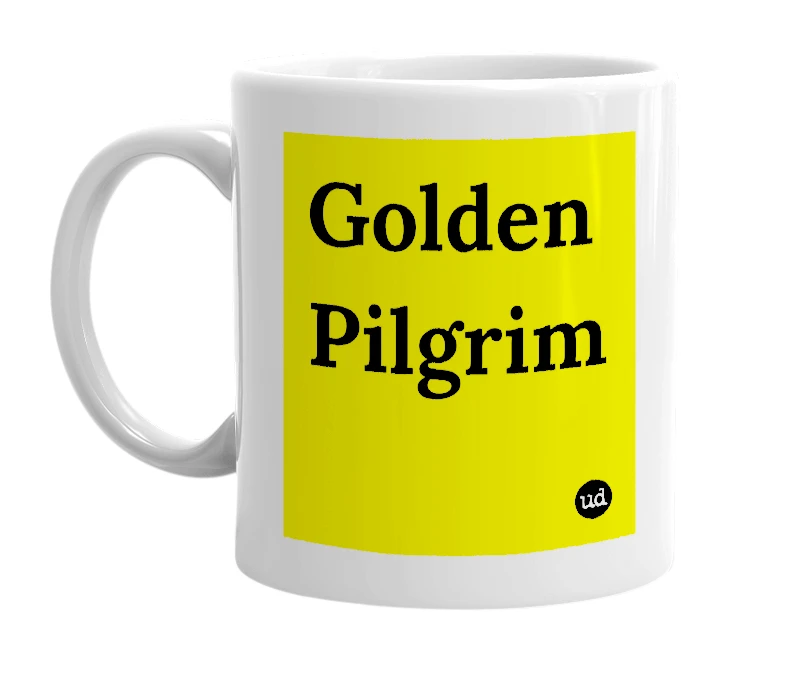 White mug with 'Golden Pilgrim' in bold black letters
