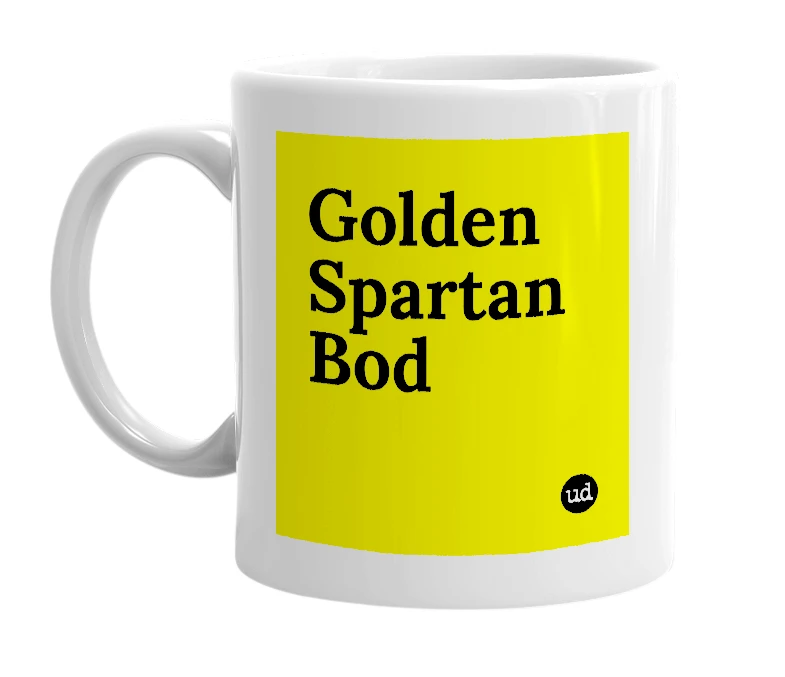 White mug with 'Golden Spartan Bod' in bold black letters