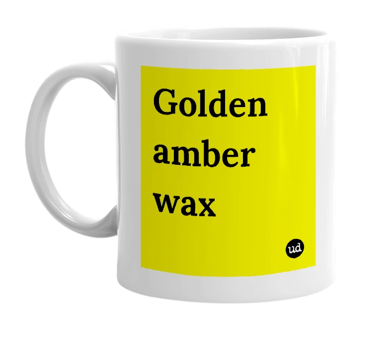 White mug with 'Golden amber wax' in bold black letters