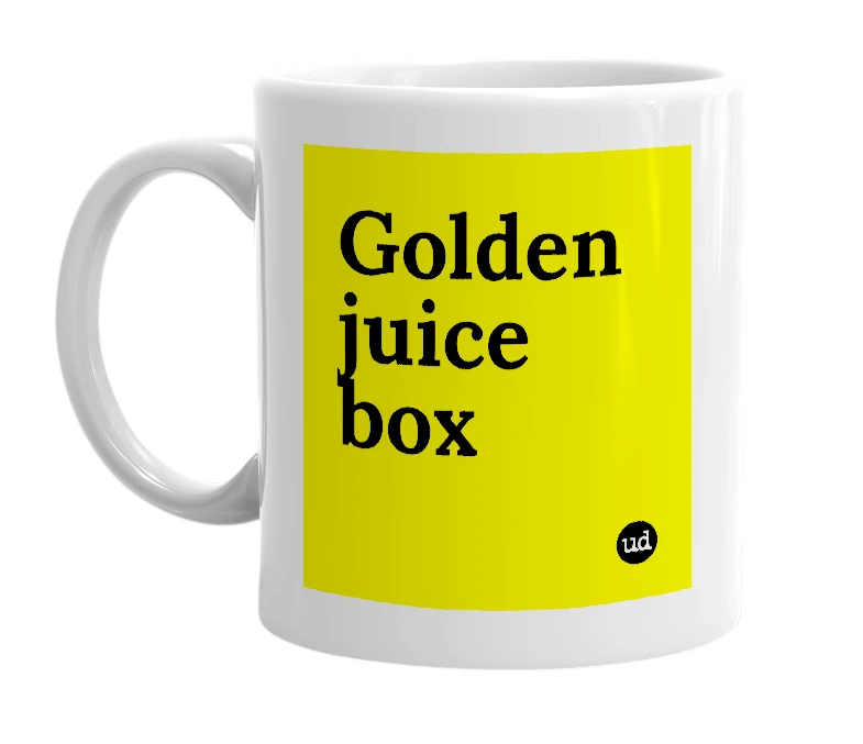 White mug with 'Golden juice box' in bold black letters