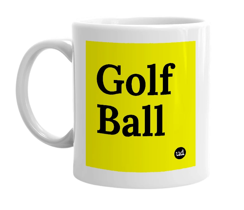 White mug with 'Golf Ball' in bold black letters