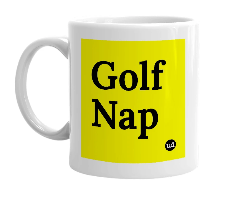 White mug with 'Golf Nap' in bold black letters