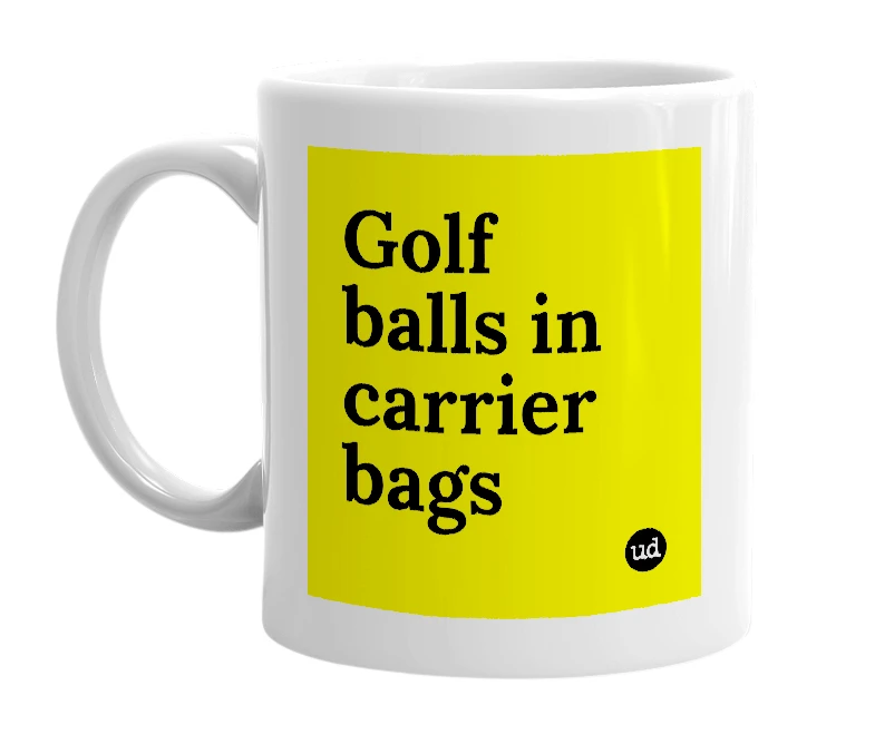White mug with 'Golf balls in carrier bags' in bold black letters