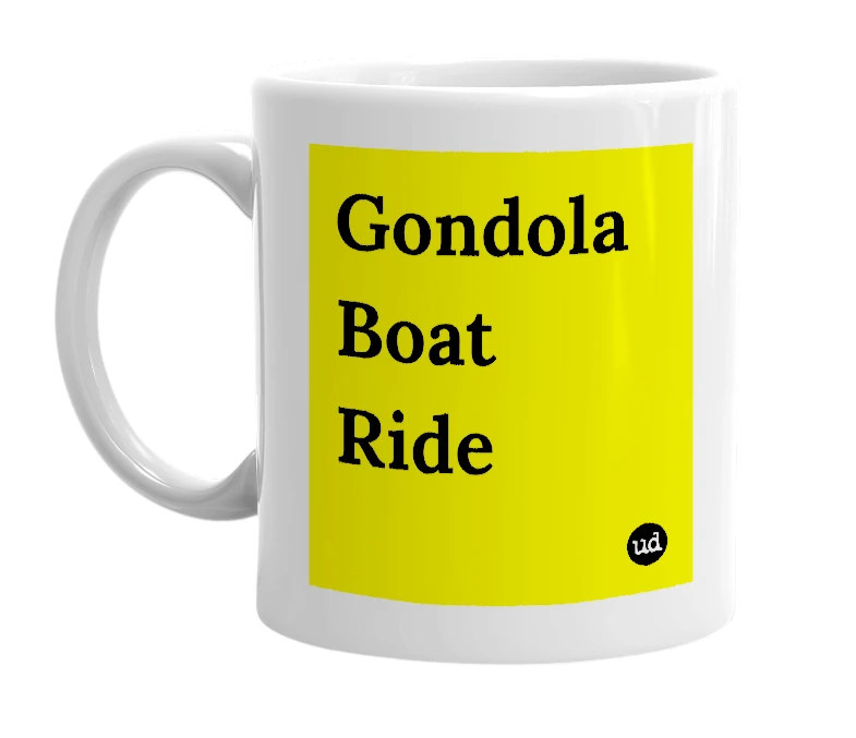 White mug with 'Gondola Boat Ride' in bold black letters