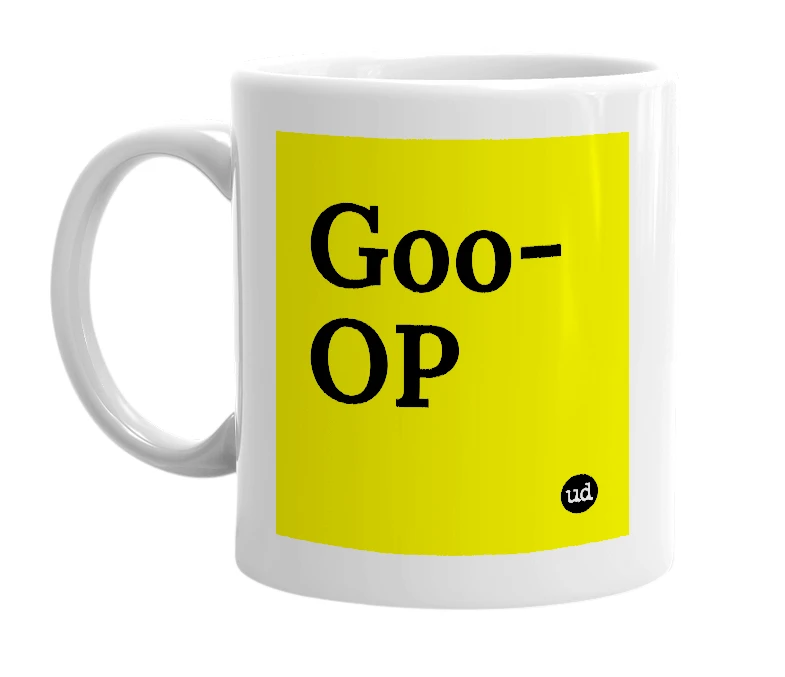 White mug with 'Goo-OP' in bold black letters