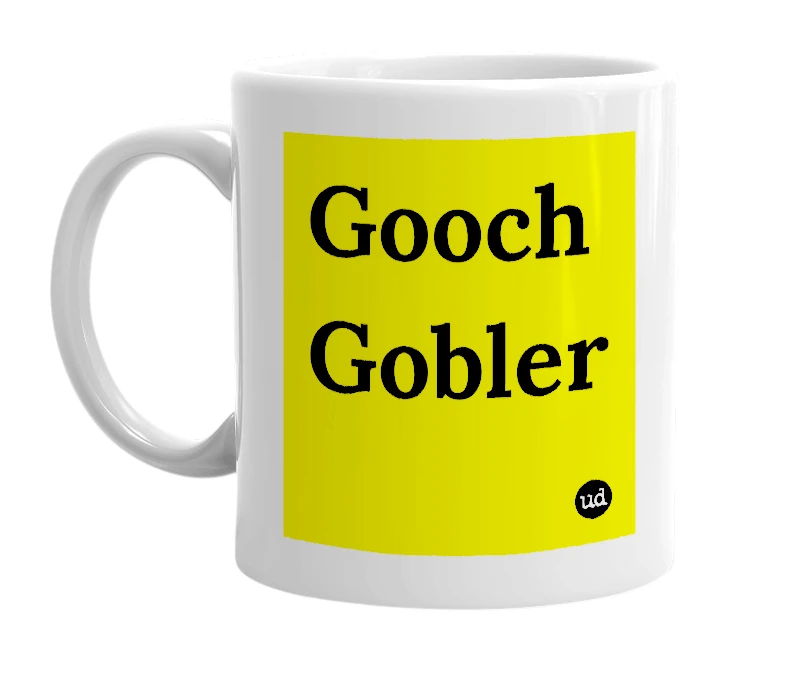 White mug with 'Gooch Gobler' in bold black letters