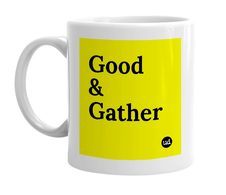 White mug with 'Good & Gather' in bold black letters