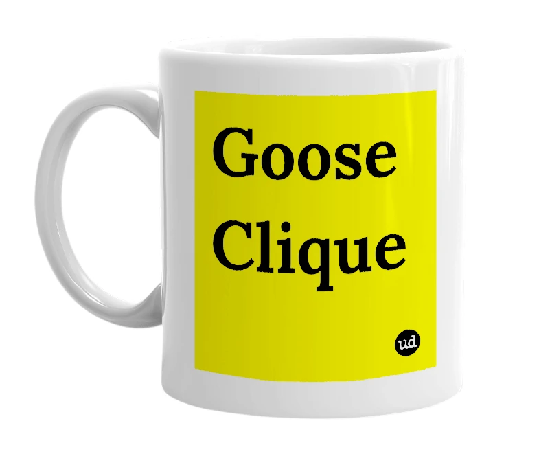White mug with 'Goose Clique' in bold black letters