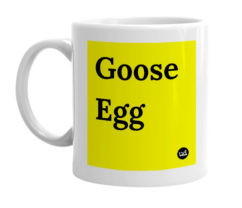 White mug with 'Goose Egg' in bold black letters