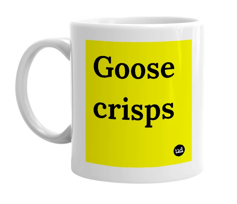 White mug with 'Goose crisps' in bold black letters