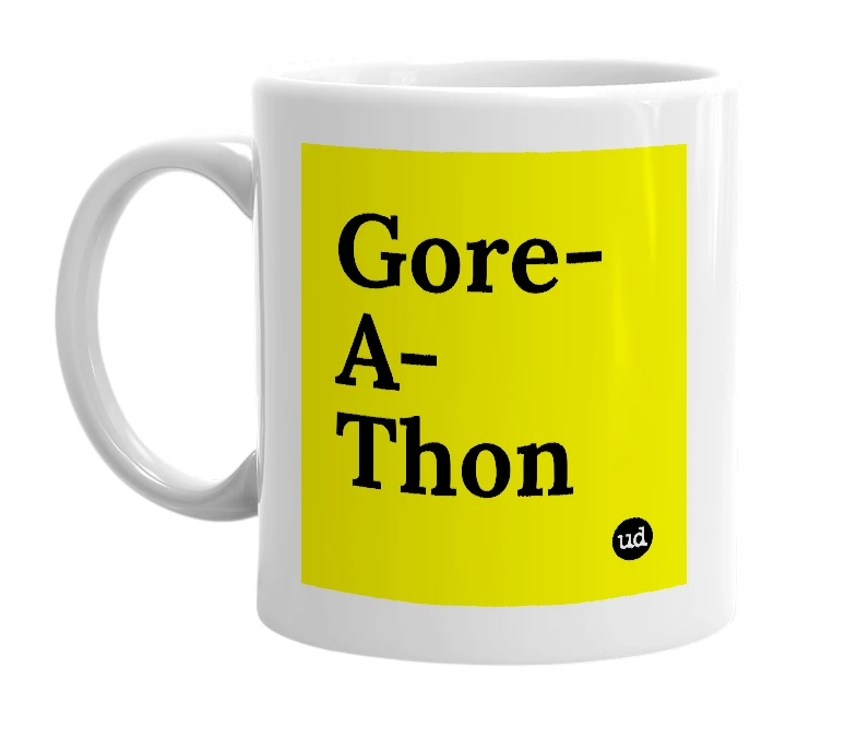 White mug with 'Gore-A-Thon' in bold black letters