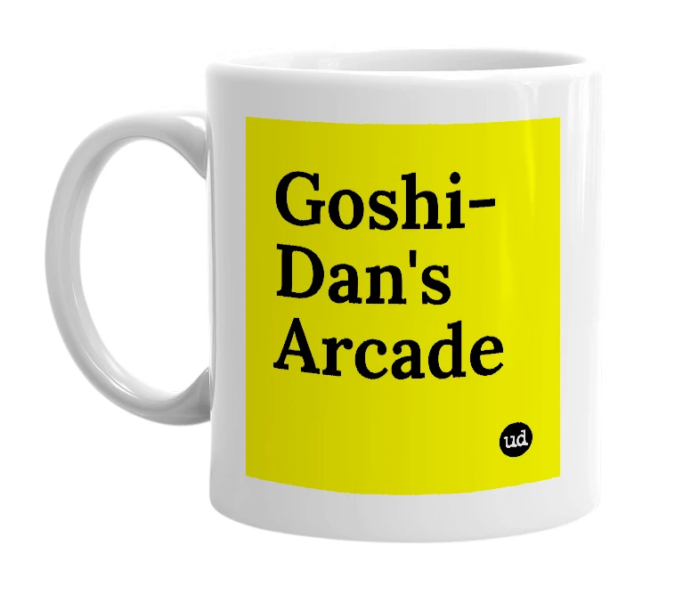 White mug with 'Goshi-Dan's Arcade' in bold black letters