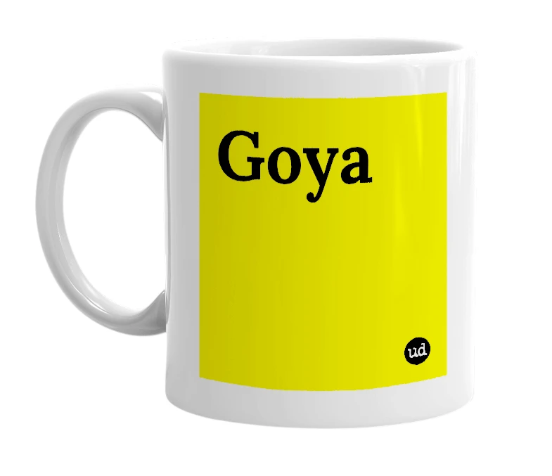 White mug with 'Goya' in bold black letters