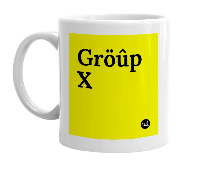 White mug with 'Gröûp X' in bold black letters