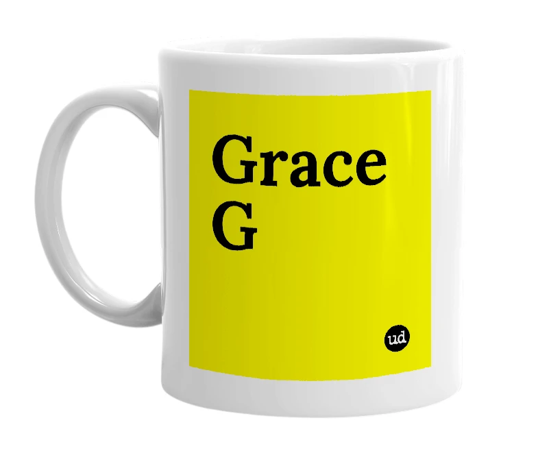 White mug with 'Grace G' in bold black letters